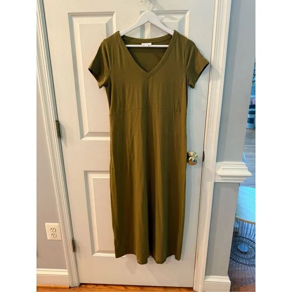 J. Jill Olive Green Short Sleeve V-Neck Maxi Dress w/ Pickets Sz XS NWOT